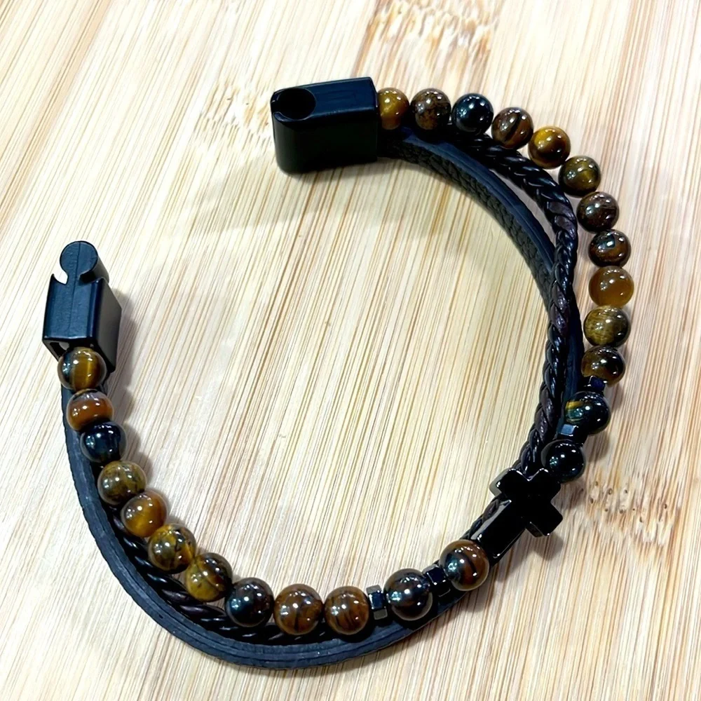 Brand New Men's Beaded Braided Leather Metal Cross Bracelet Magnetic Clasp